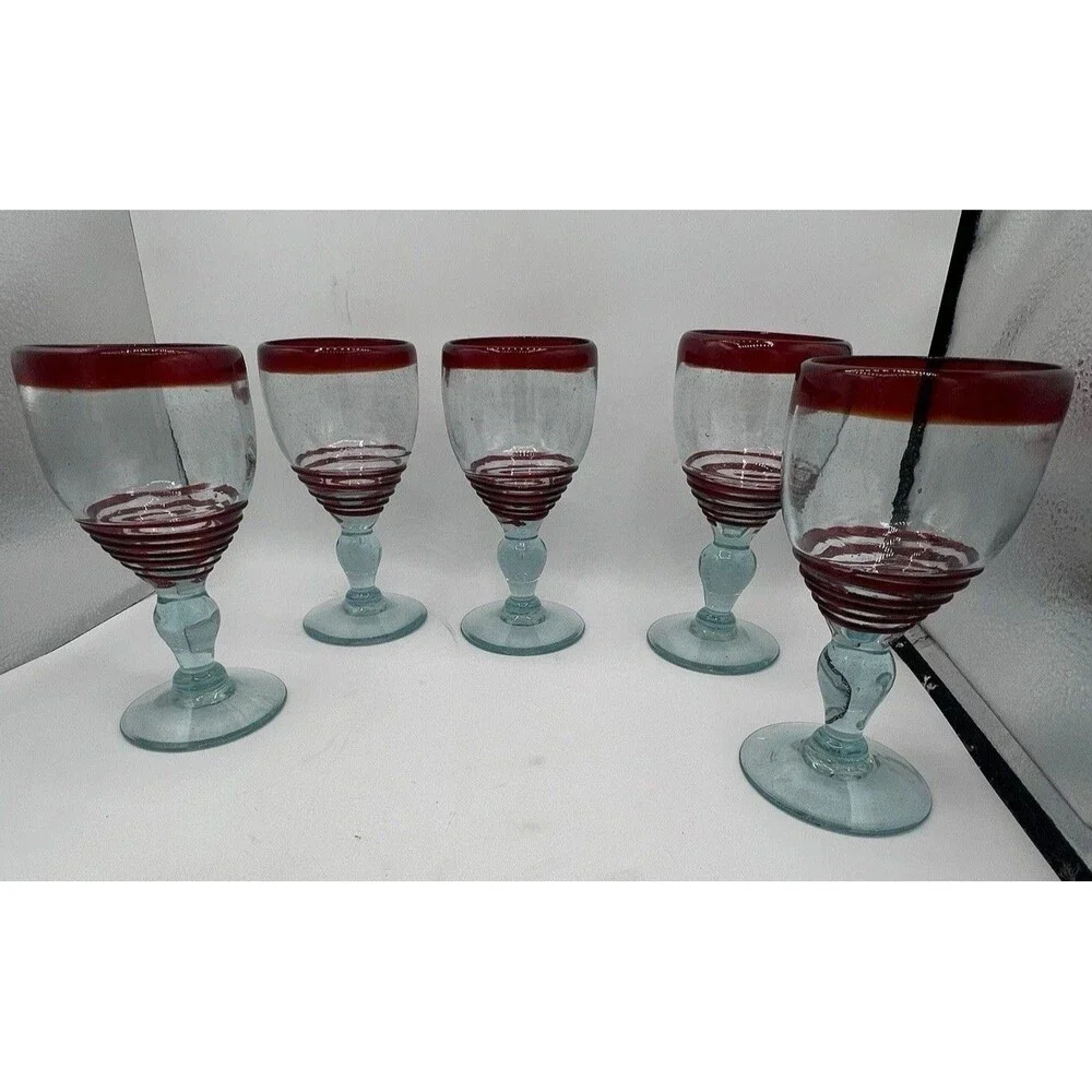 Mexican Hand Blown Art Glass Wine Goblets Set of 5 Red Rim Aqua Stem Swirl